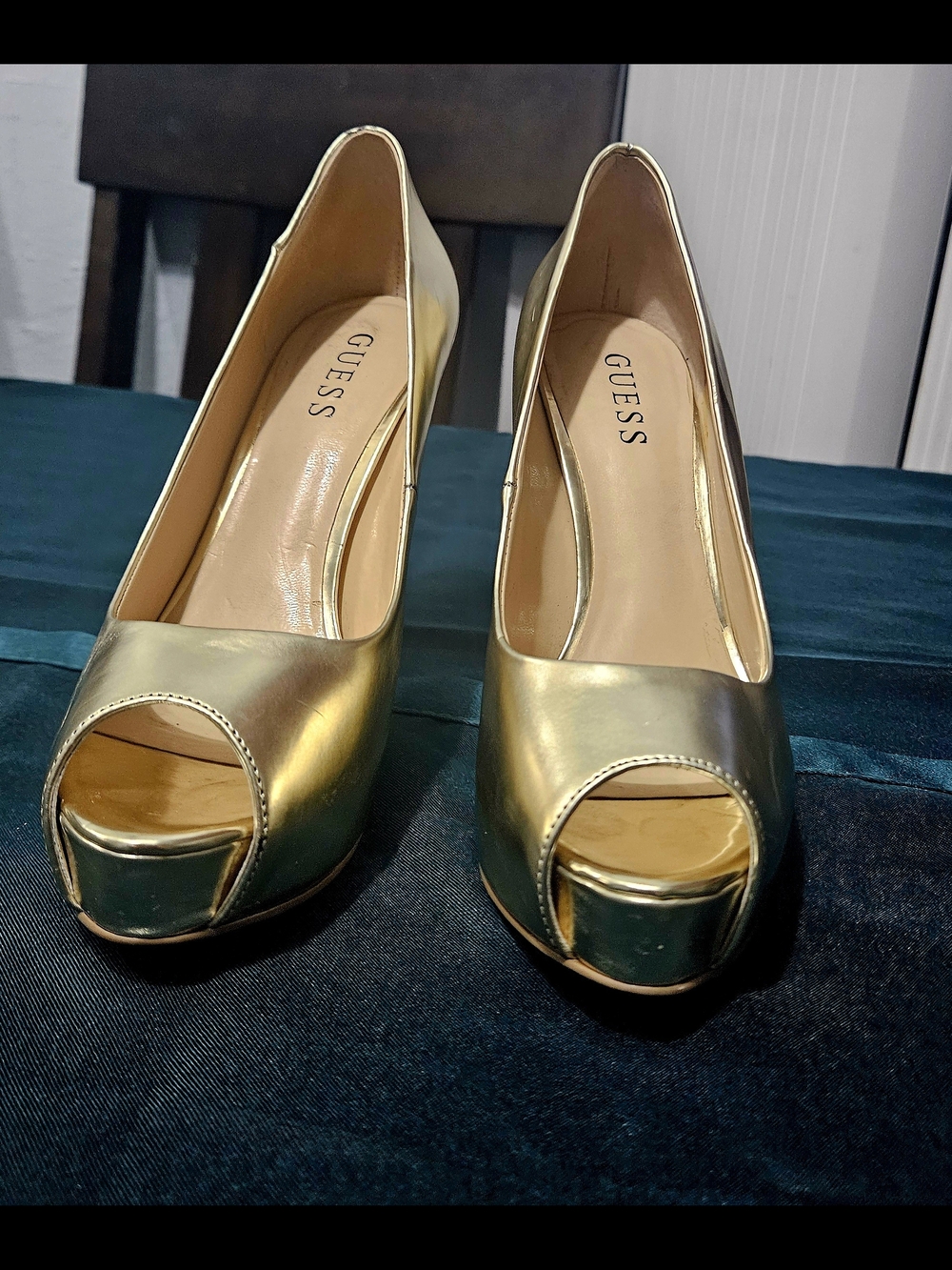 GUESS Metallic Gold Peep-Toe Platform Heels